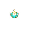 A dainty metal charm shaped like a shell with blue and gold colors, featuring a pearl-like embellishment in the center.