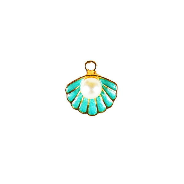 A dainty metal charm shaped like a shell with blue and gold colors, featuring a pearl-like embellishment in the center.