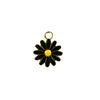 A small black metal daisy charm with a gold-colored ring at the top for attachment.