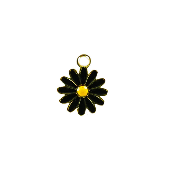 A small black metal daisy charm with a gold-colored ring at the top for attachment.