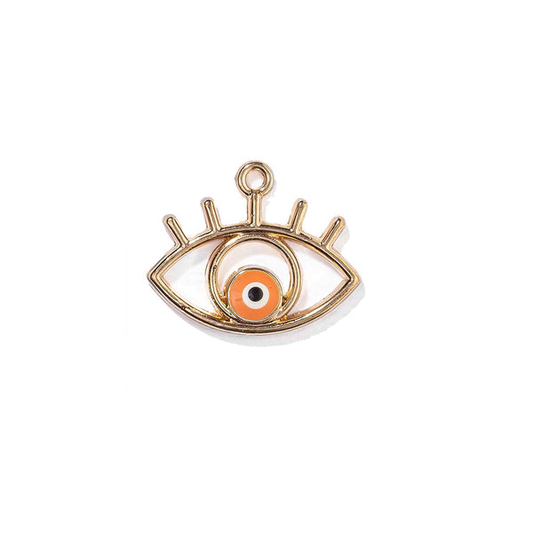Gold eye-shaped pendant with an orange center on a white background