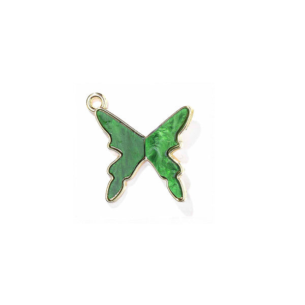 Green butterfly-shaped pendant with gold outline on a white background