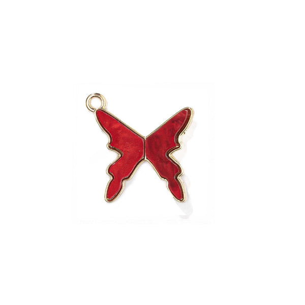 Red butterfly-shaped pendant with gold outline on a white background