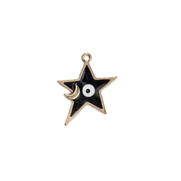 Star-shaped pendant with black center, gold outline, and white circle on a white background