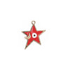 Red star-shaped pendant with gold border, white circle, and black dot on a white background