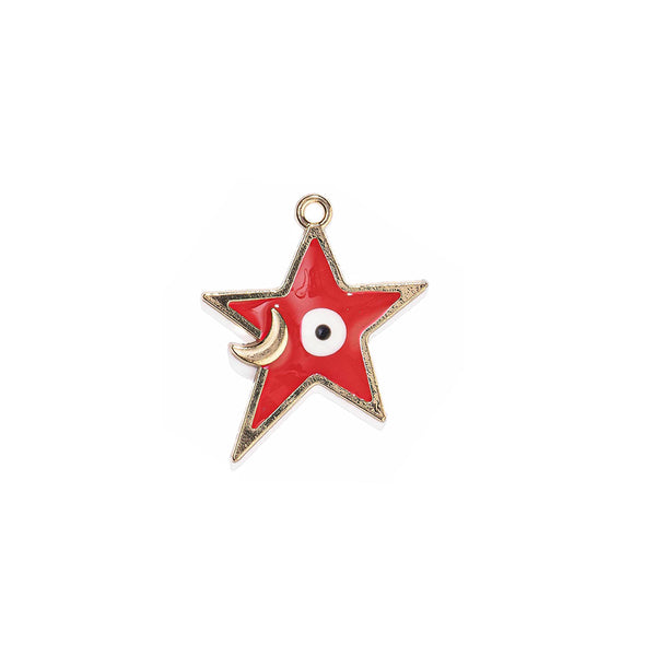 Red star-shaped pendant with gold border, white circle, and black dot on a white background