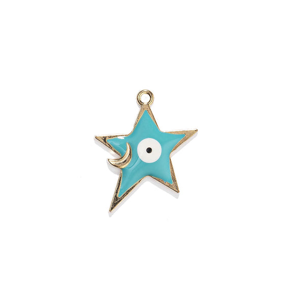 Star-shaped pendant with blue enamel and gold accents on a white background