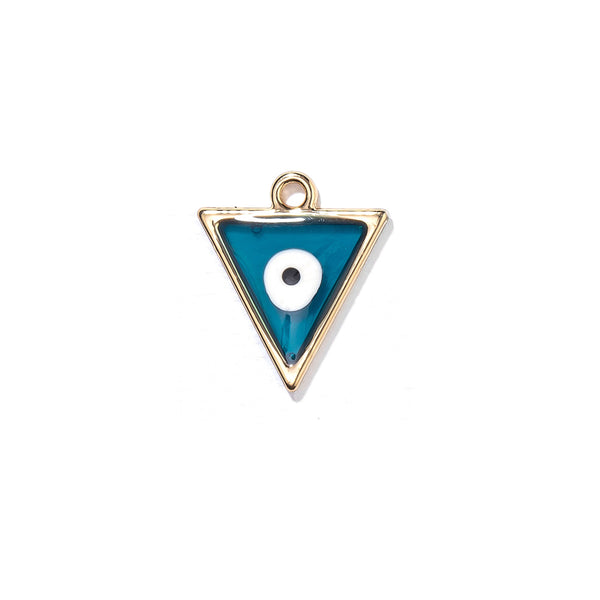 Triangular pendant with blue enamel and gold trim on a white background