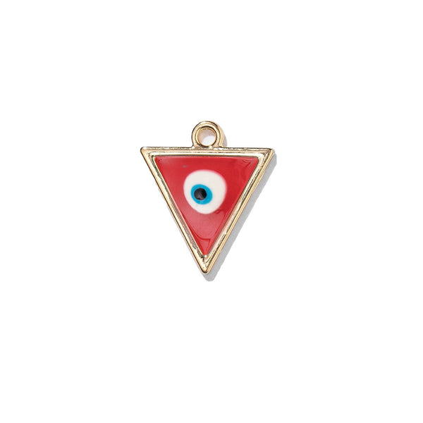 Triangular pendant with a blue eye design on a red background, gold trim, on a white background