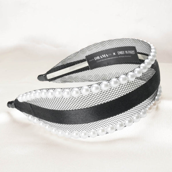 Mesh Hair Band with Pearls & Ribbon - Black