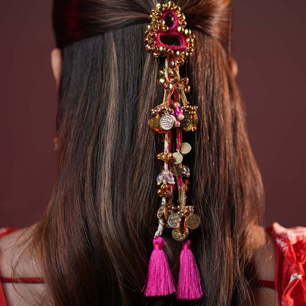 Coin & Mirror Hair Tassels with U Pin - Pink