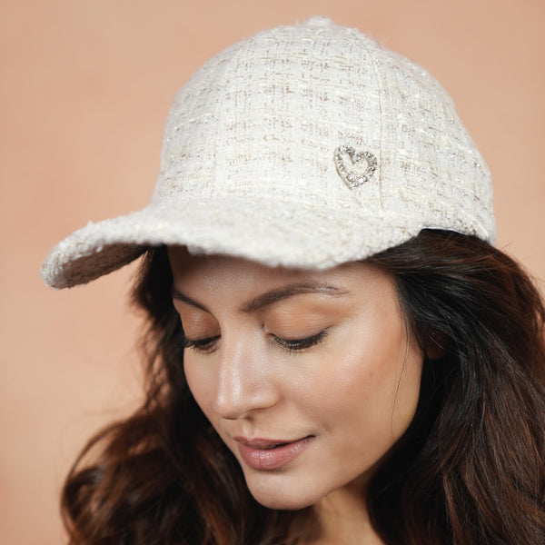 Tweed Baseball Cap with Heart Charm - White