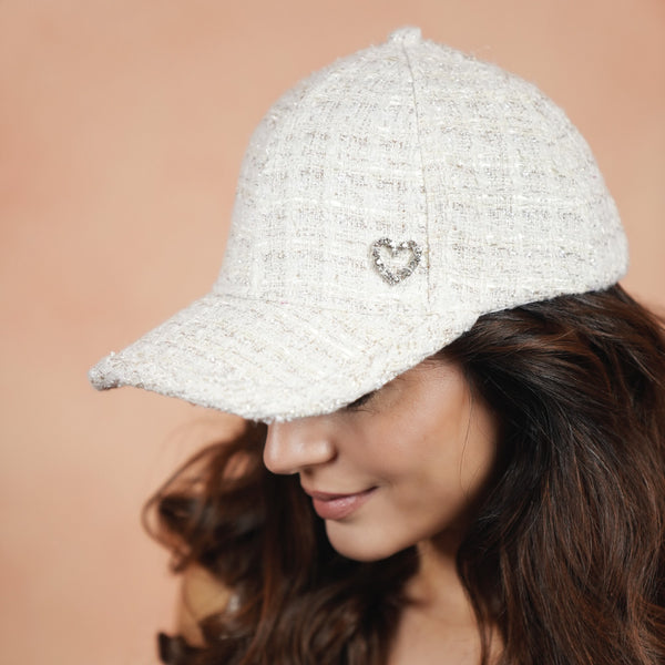 Tweed Baseball Cap with Heart Charm - White