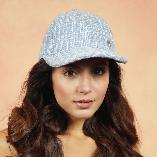 Tweed Baseball Cap with Heart Charm - Blue & White