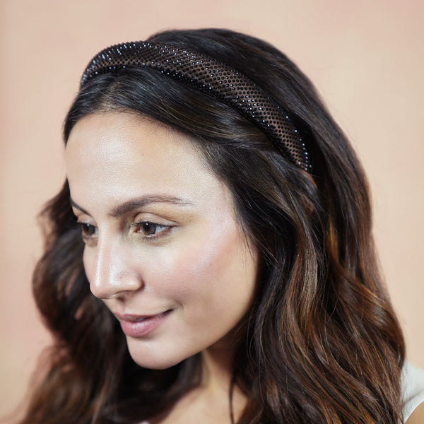 Silk Satin Puff Hair Band with Rhinestones - Dark Brown