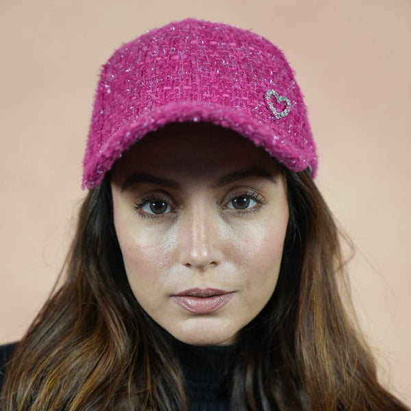 Tweed Baseball Cap with Heart Charm - Hot Pink