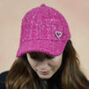 Tweed Baseball Cap with Heart Charm - Hot Pink