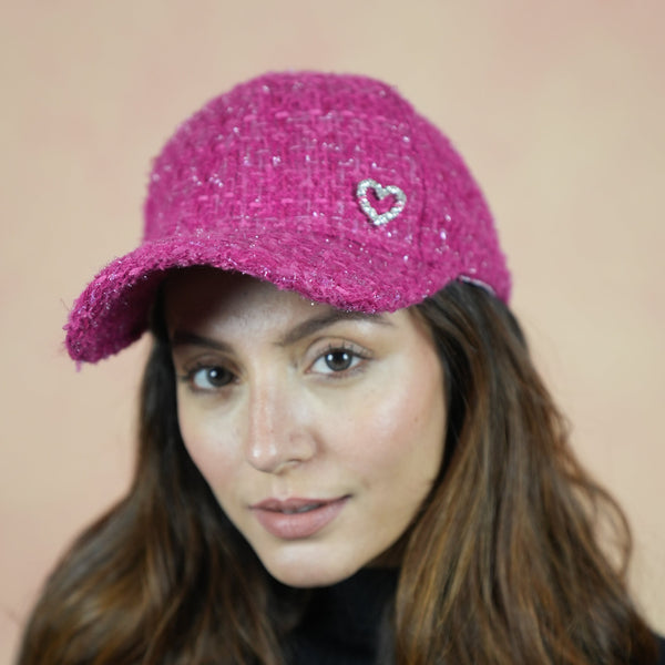 Tweed Baseball Cap with Heart Charm - Hot Pink