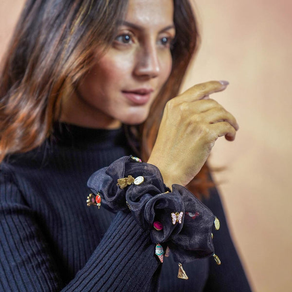 Oversized Organza Scrunchie with Charms - Black