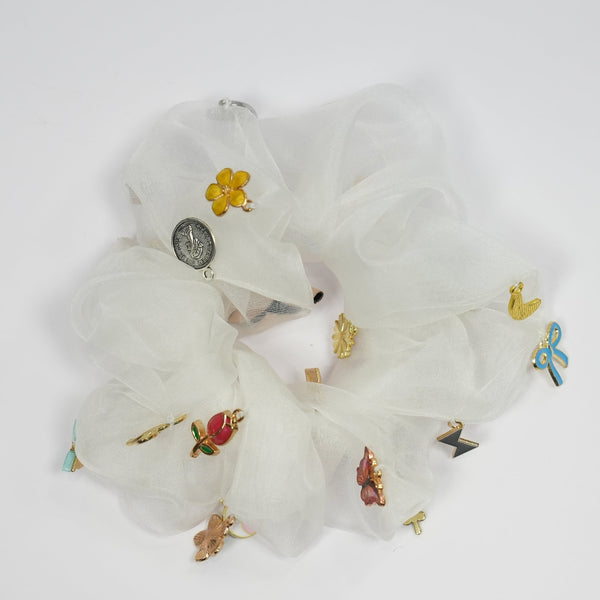 Oversized Organza Scrunchie with Charms - White