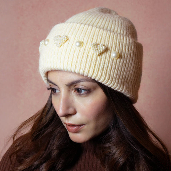 Ribbed Wool Beanie with Pearls & Heart Embellishments - Off-White