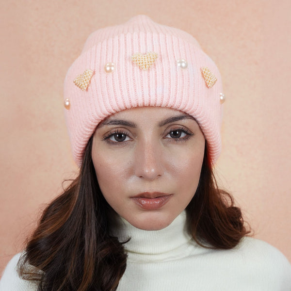 Ribbed Wool Beanie with Pearls & Heart Embellishments - Light Pink