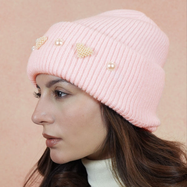 Ribbed Wool Beanie with Pearls & Heart Embellishments - Light Pink