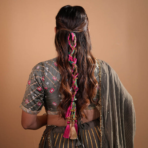 Utsav Mirror Boho Hair Tassels Parandi - Pink & Green