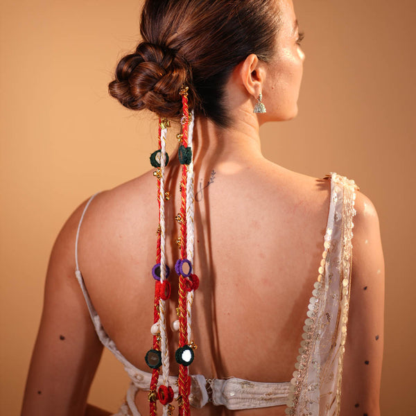 Utsav Mirror Boho Hair Tassels Parandi - Red & White