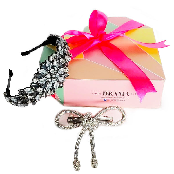 All that Glitters Gift Box with 1 Crystal Hair Band & 1 Crystal Hair Bow - Grey & Silver