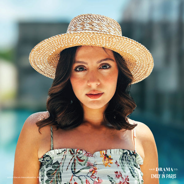HDC x Emily In Paris Tan & White Woven Straw Flat Brim Hat