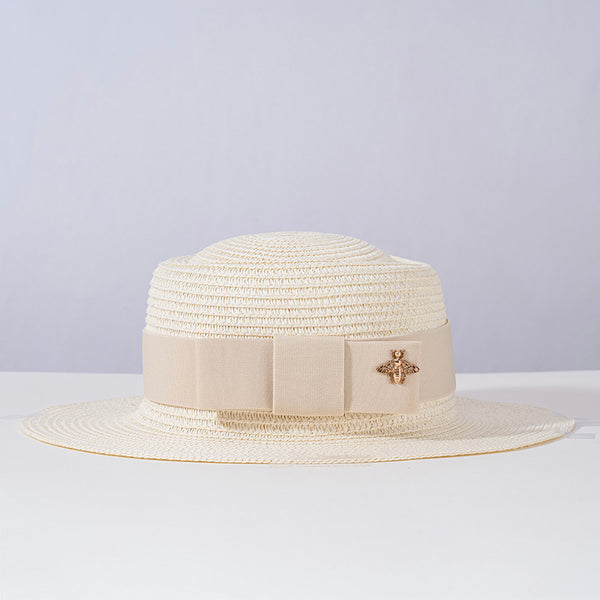 White Straw Flat Top Fedora Hat with Removable Bow Belt