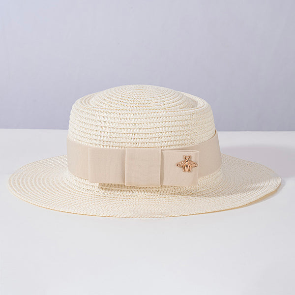 White Straw Flat Top Fedora Hat with Removable Bow Belt