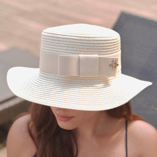White Straw Flat Top Fedora Hat with Removable Bow Belt