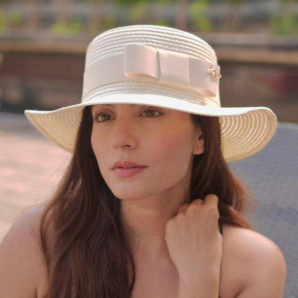 White Straw Flat Top Fedora Hat with Removable Bow Belt