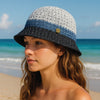 Crochet Beach Bucket Hat with Rose Charm - Shades of Blue
