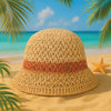 Crochet Beach Bucket Hat with Rose Charm - Shades of Beige