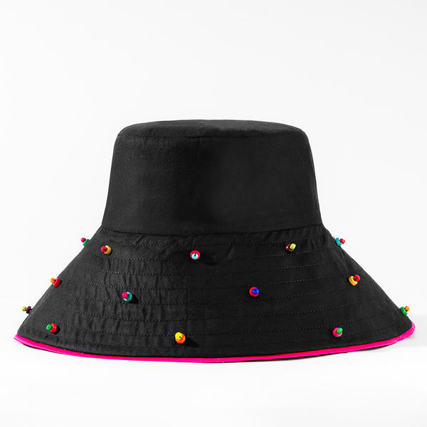 Oversized Embellished Beach Floppy Hat - Black