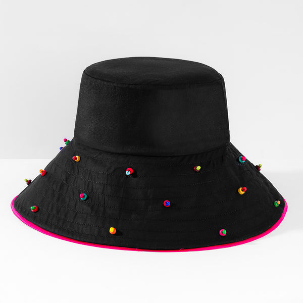 Oversized Embellished Beach Floppy Hat - Black