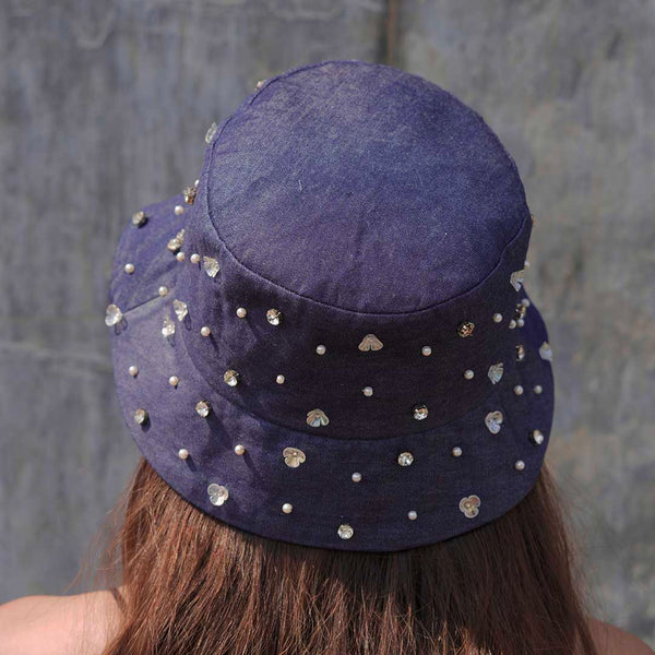 Denim Embellished Bucket Hat - Dark Blue