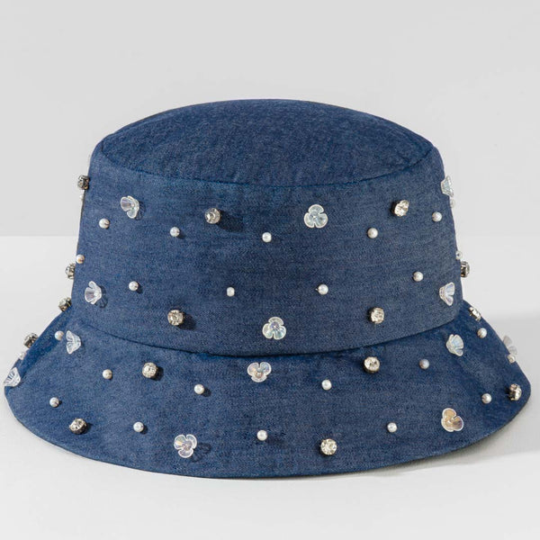 Denim Embellished Bucket Hat - Dark Blue