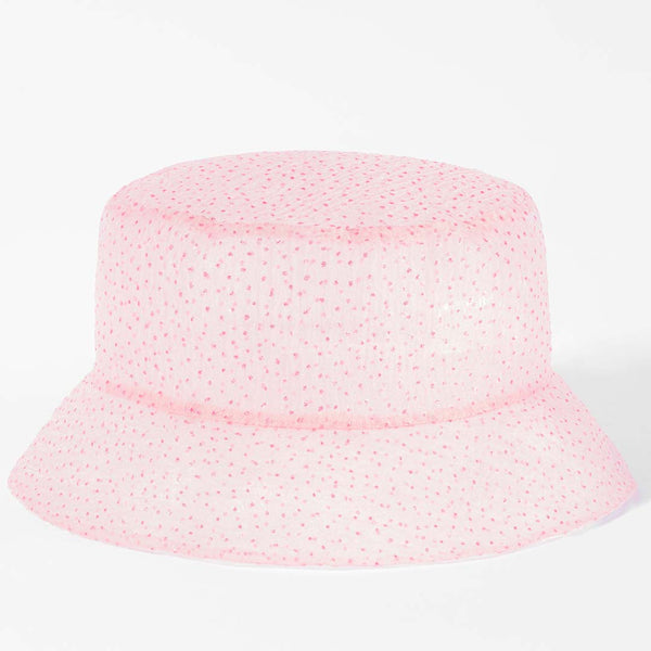 Pink bucket hat with a subtle pattern on a white background