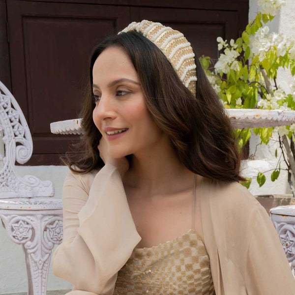 Irina Knotted Hair Band - White & Gold