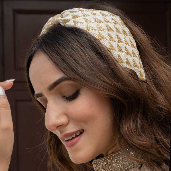 Selene Knotted Hair Band - White & Gold
