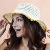Off-White Woven Straw Flat Brim Hat with Removable Bow Ribbon