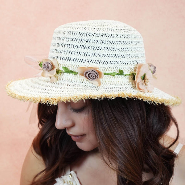 Off-White Woven Straw Flat Brim Hat with Removable Bow Ribbon
