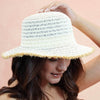 Off-White Woven Straw Flat Brim Hat with Removable Bow Ribbon