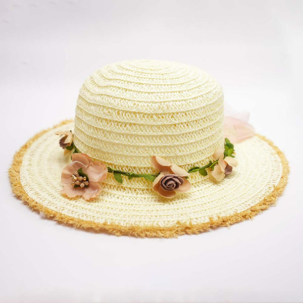 Off-White Woven Straw Flat Brim Hat with Removable Bow Ribbon