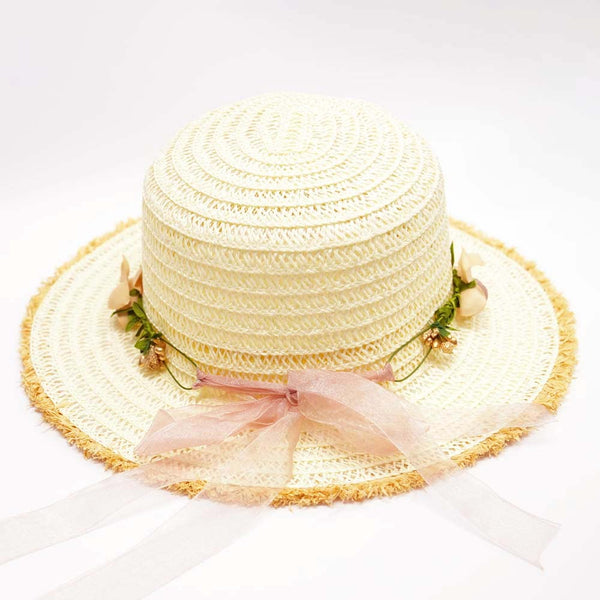 Off-White Woven Straw Flat Brim Hat with Removable Bow Ribbon