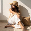 Tan Woven Straw Flat Brim Hat with Removable Bow Ribbon